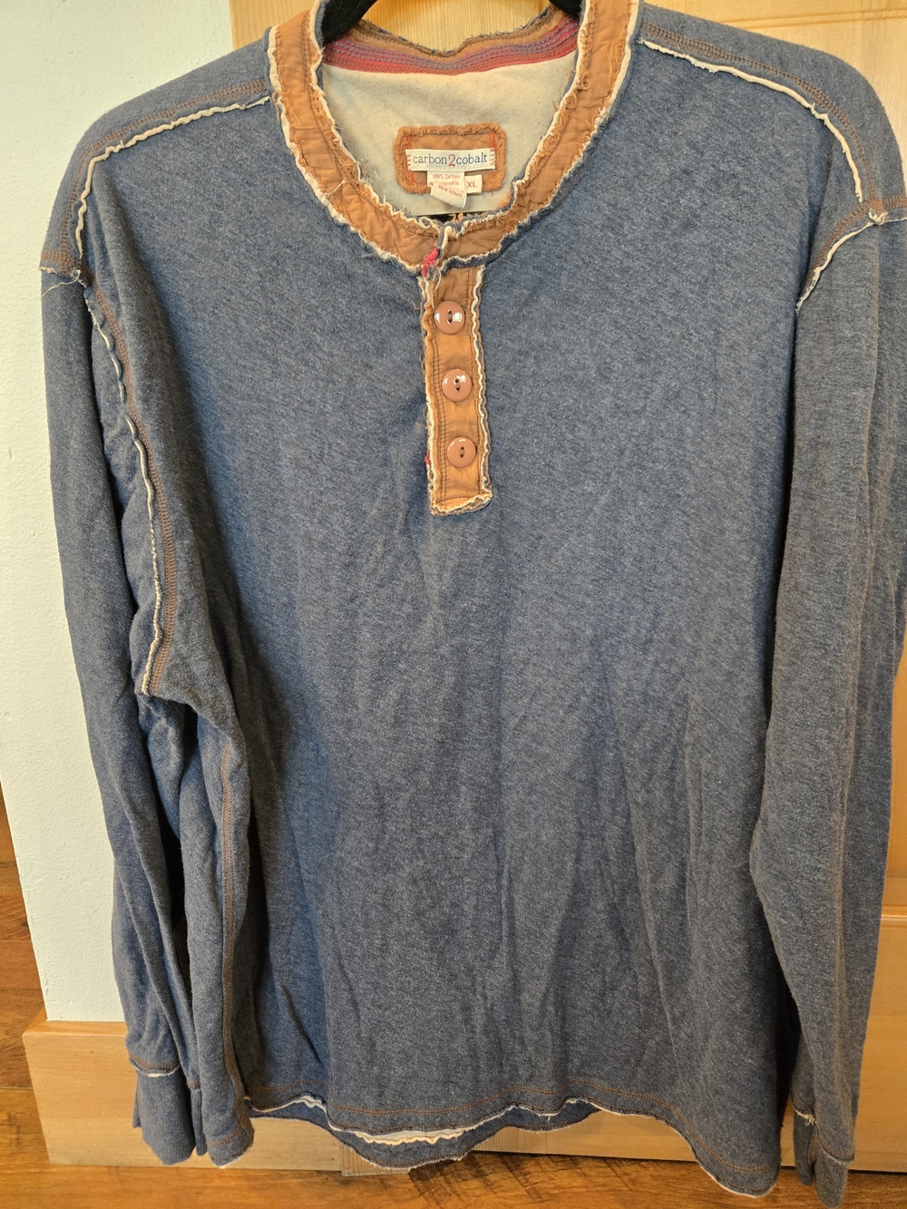 Caboha Cobalt Men's Long Sleeve Henley Shirt - Blue with Tan Trim